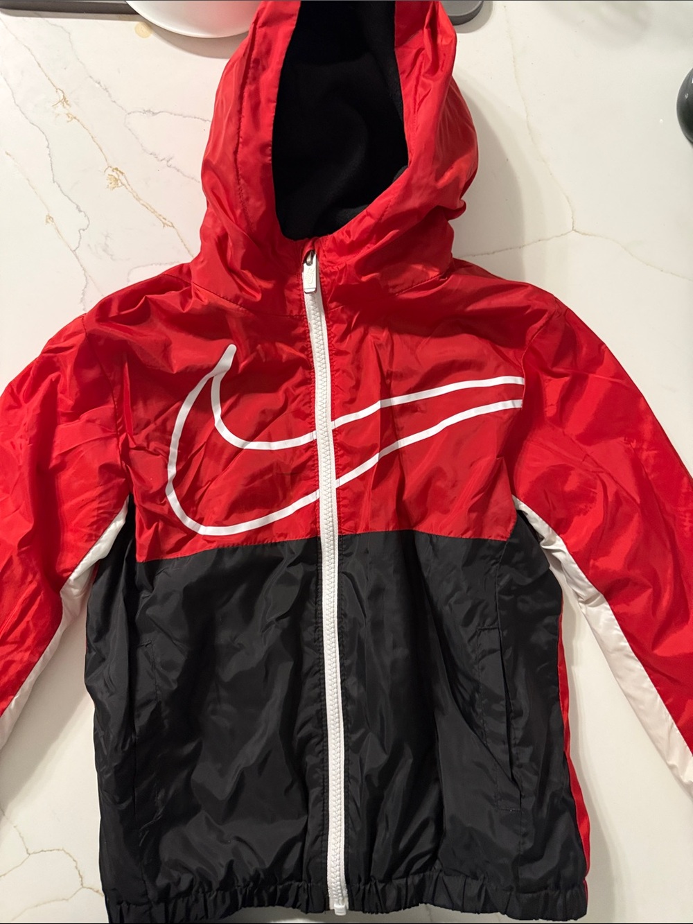 Nike Kids Red and Black Hooded Windbreaker Jacket with White Accents